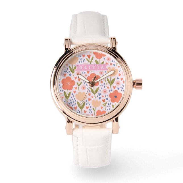 Personalized pink nordic cute folk floral pattern watch (Front)