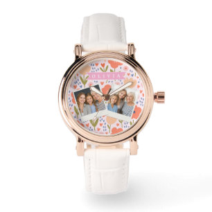 Personalized pink nordic cute folk floral pattern watch