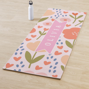Personalized pink nordic cute folk floral pattern yoga mat