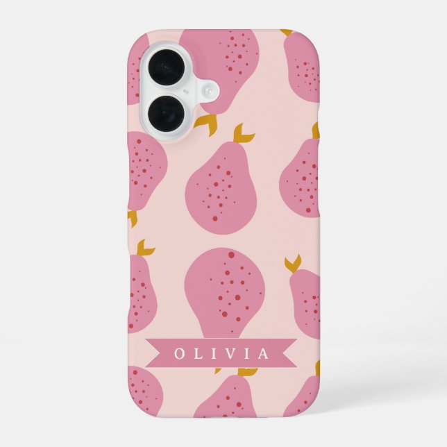 Personalized Pink Pear Pattern Cute Girly Fruit iPhone 16 Case (Back)