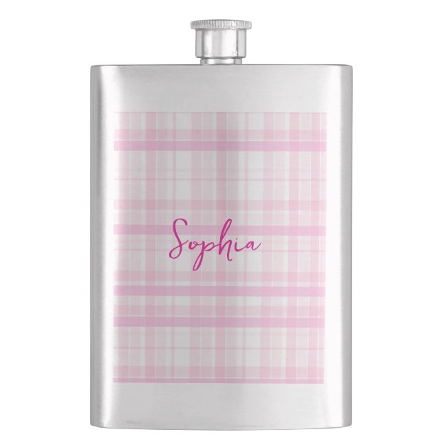 Personalized Pink Plaid Classic Flask with Name  (Front)
