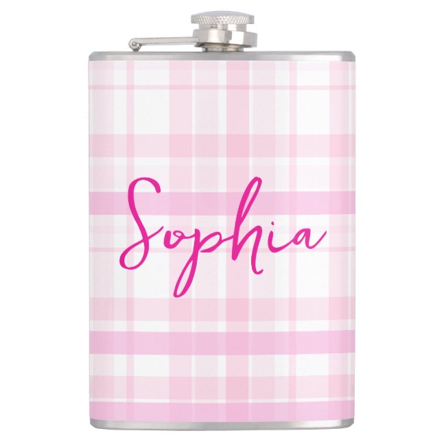 Personalized Pink Plaid Flask  with Name  (Front)