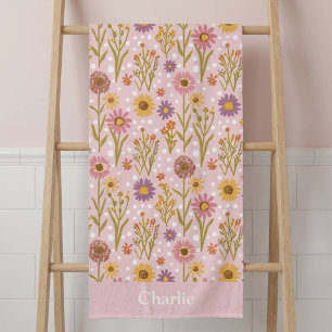 Personalized Pink Polka Dot Flower Kids Bath Towel