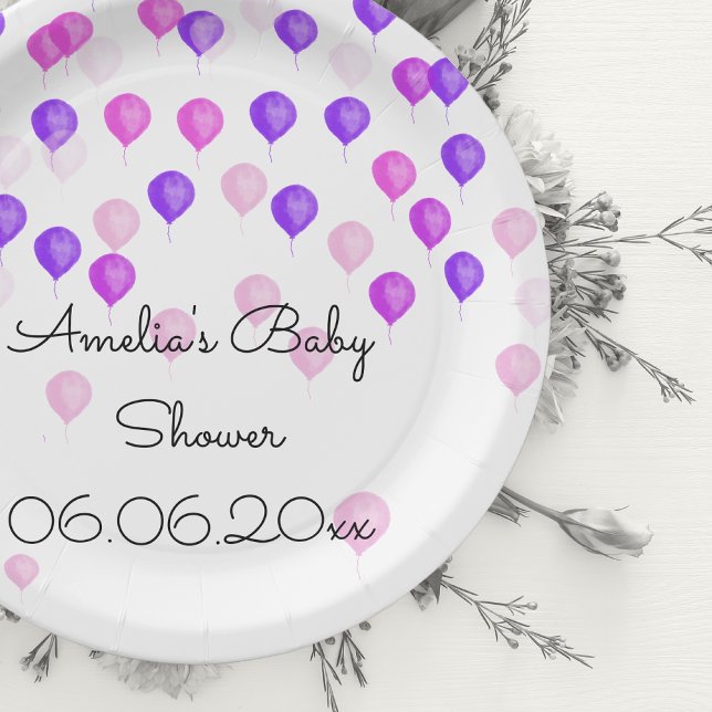 Personalized Pink Purple Balloon Baby Shower Paper Plate (Creator Uploaded)