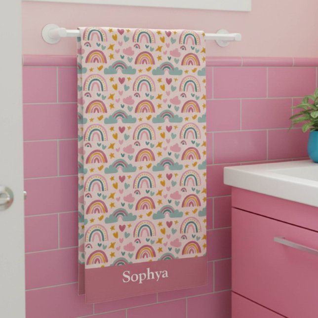 Personalized Pink Rainbow Kids Bath Towel (Creator Uploaded)
