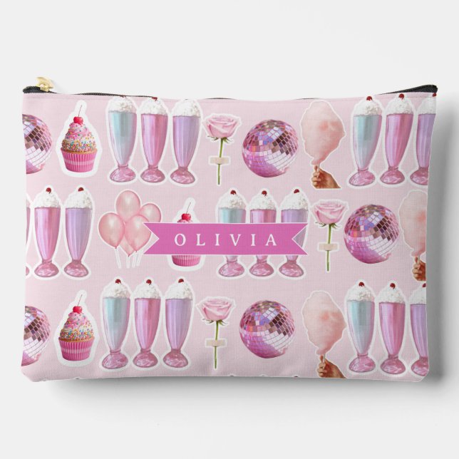 Personalized Pink Retro Milkshake Cute Coquette Accessory Pouch (Front)
