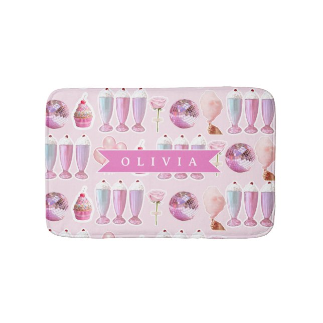Personalized Pink Retro Milkshake Cute Coquette Bath Mat (Front)