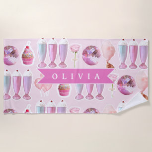 Personalized Pink Retro Milkshake Cute Coquette Beach Towel