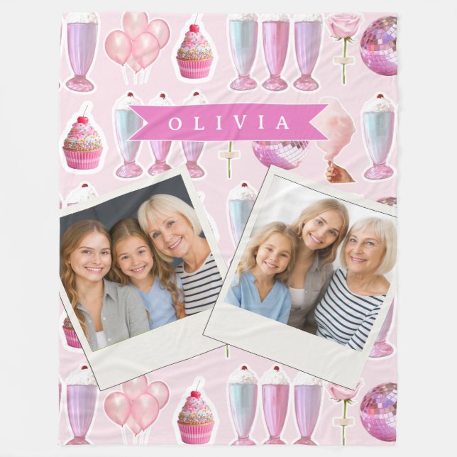 Personalized Pink Retro Milkshake Cute Coquette Fleece Blanket (Front)