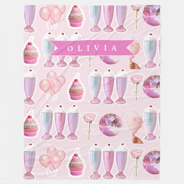 Personalized Pink Retro Milkshake Cute Coquette Fleece Blanket (Front)