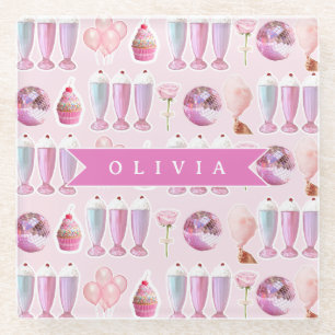 Personalized Pink Retro Milkshake Cute Coquette Glass Coaster