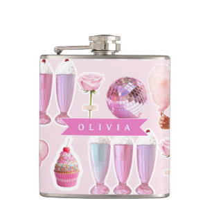 Personalized Pink Retro Milkshake Cute Coquette Hip Flask
