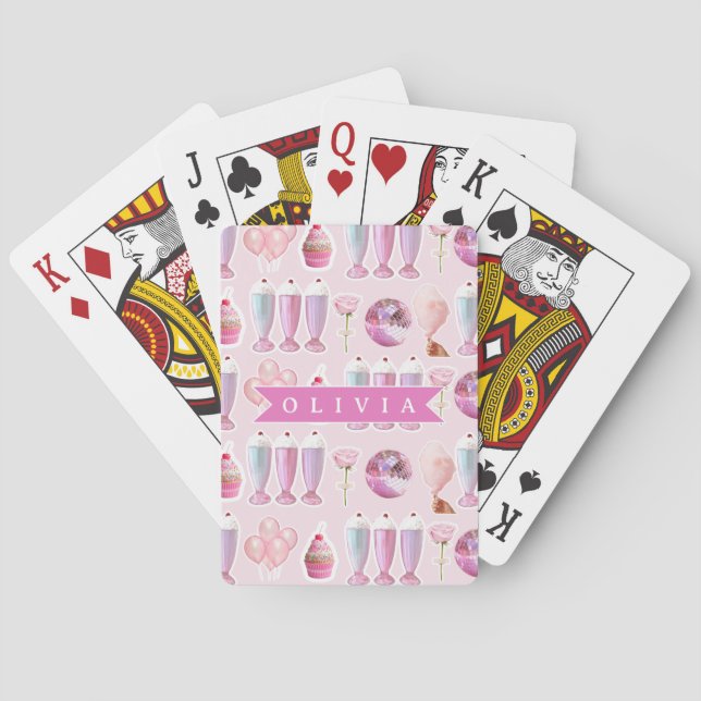 Personalized Pink Retro Milkshake Cute Coquette Playing Cards (Back)
