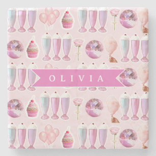 Personalized Pink Retro Milkshake Cute Coquette Stone Coaster