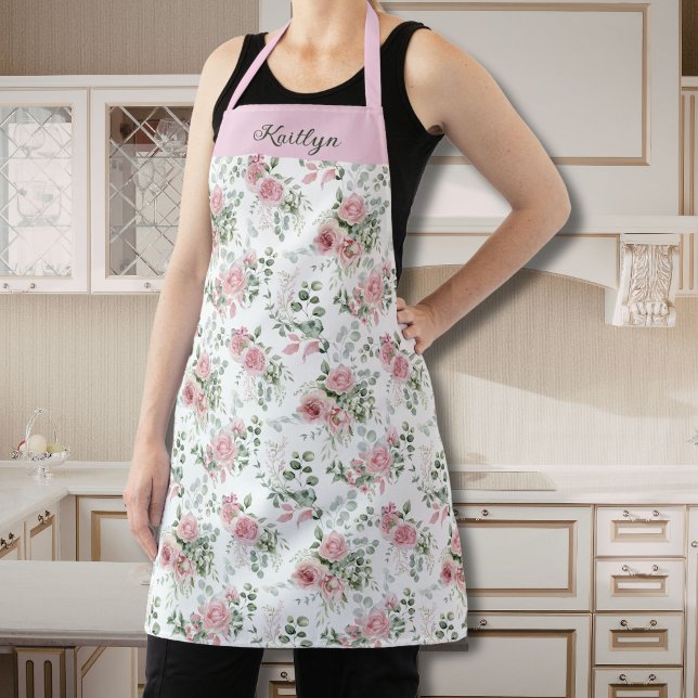Personalized Pink Roses Pattern Floral Garden Apron (Creator Uploaded)