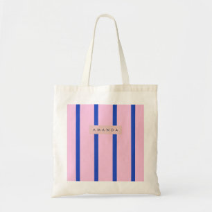 Personalized Pink & Royal Blue Stripe Design Tote Bag