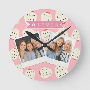 Personalized Pink Strawberry Name Cute Girly Round Clock