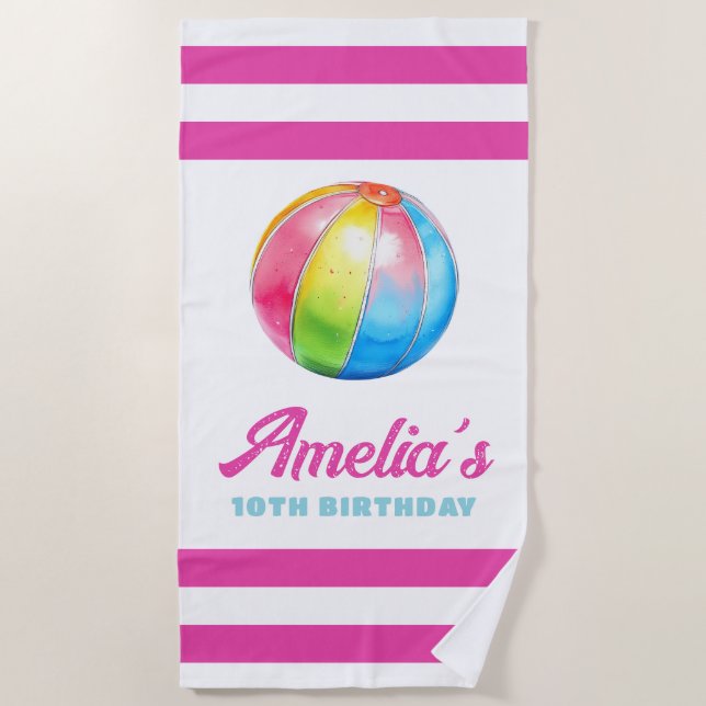 Personalized Pink Stripe with Colorful Pool Ball Beach Towel (Front)