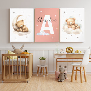 Personalized Pink Teddy Bear Nursery Prints Baby