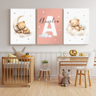 Personalized Pink Teddy Bear Nursery Prints Baby