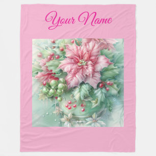 Personalized Pink Vintage Christmas Poinsettia Fle Fleece Blanket