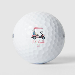 Personalized Pink Watercolor Golf Cart Golfers     Balls