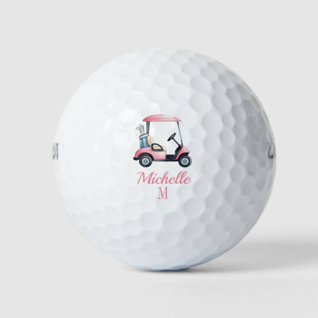 Personalized Pink Watercolor Golf Cart Golfers     Golf Balls (Front)