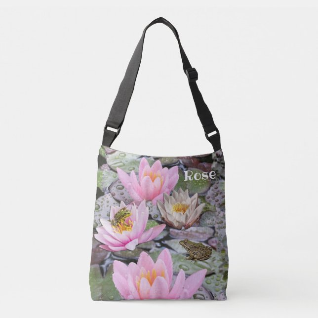 Personalized Pink Waterlily Pond Crossbody Bag (Front)
