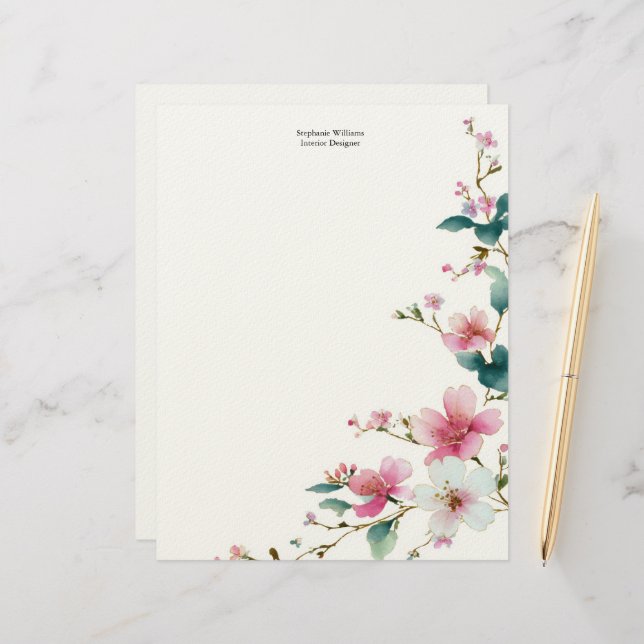 Personalized  Pink White Wildflowers Florals  Custom Letterhead (Front/Back In Situ)