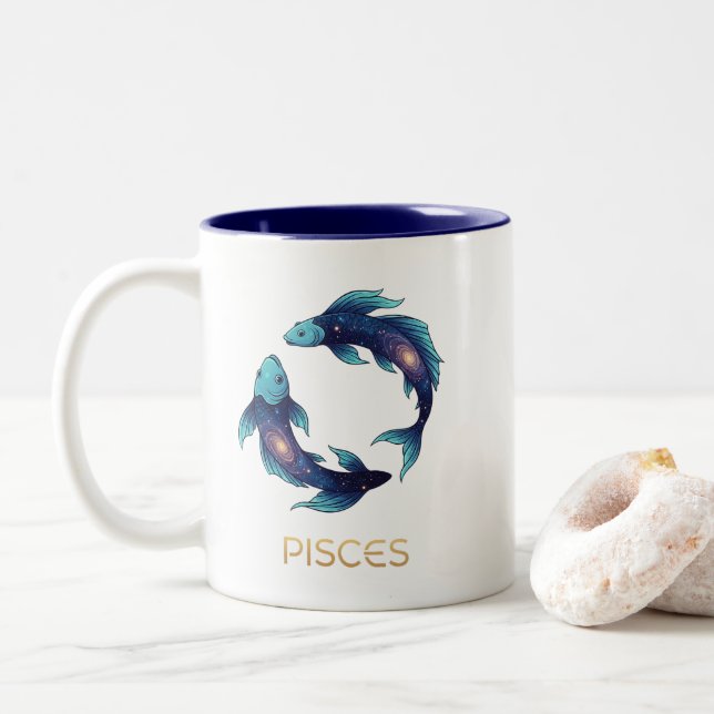 "Personalized Pisces Zodiac sign Name and traits Two-Tone Coffee Mug (With Donut)