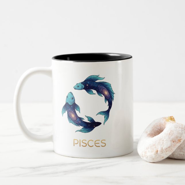 "Personalized Pisces Zodiac sign Name and traits Two-Tone Coffee Mug (With Donut)