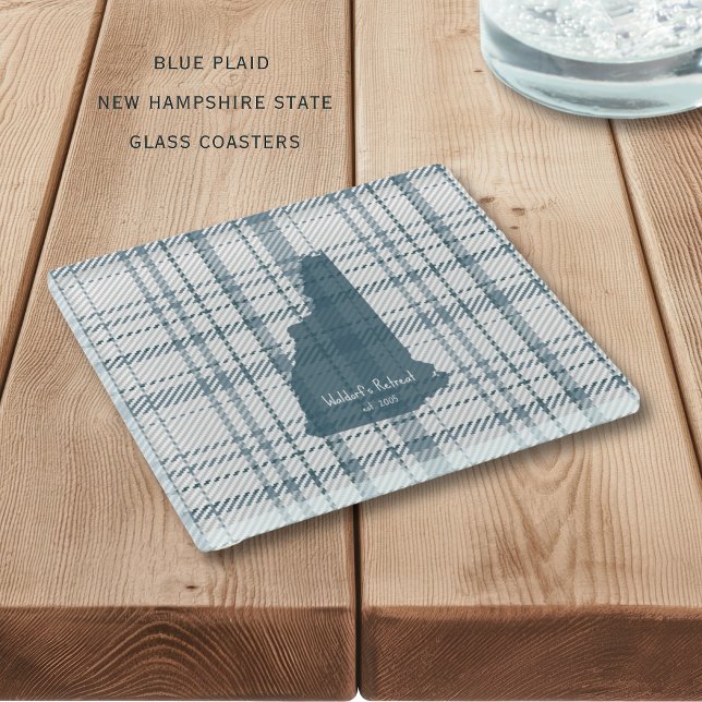 Personalized Plaid New Hampshire Glass Coaster (Blue plaid New Hampshire State personalized glass coaters. Perfect for your home or gift giving!)