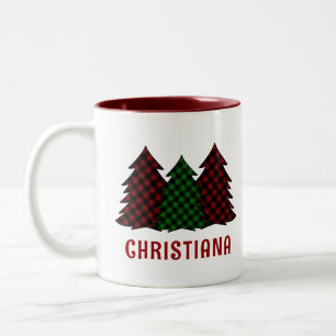 Personalized Plaid Pattern Christmas Tree Two-Tone Coffee Mug