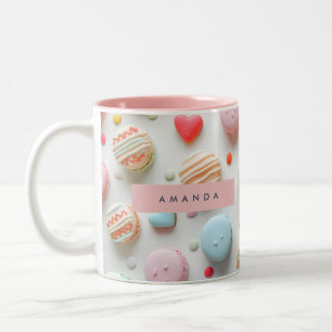 Personalized Playful Pastel Macaron & Candy Heart Two-Tone Coffee Mug