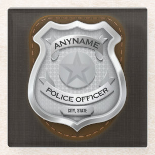 Personalized Police Officer Sheriff Cop NAME Badge Glass Coaster