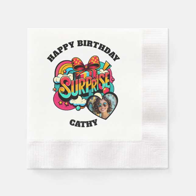 Personalized Pop Art Retro Birthday Photo Napkin (Front)
