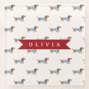 Personalized Preppy Cute Dachshund Dog Pattern Glass Coaster