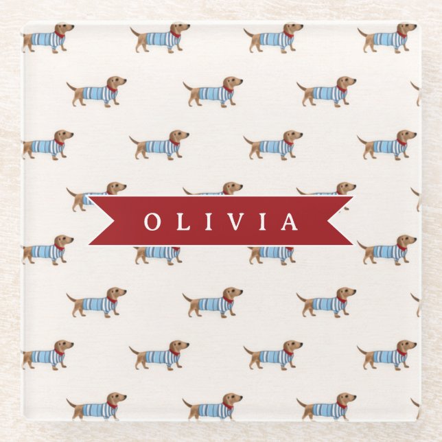 Personalized Preppy Cute Dachshund Dog Pattern Glass Coaster (Front)