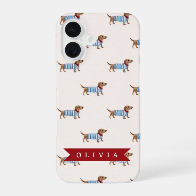 Personalized Preppy Cute Dachshund Dog Pattern iPhone 16 Case (Back)