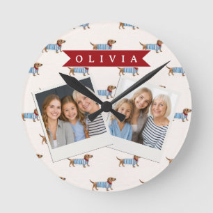 Personalized Preppy Cute Dachshund Dog Pattern Round Clock