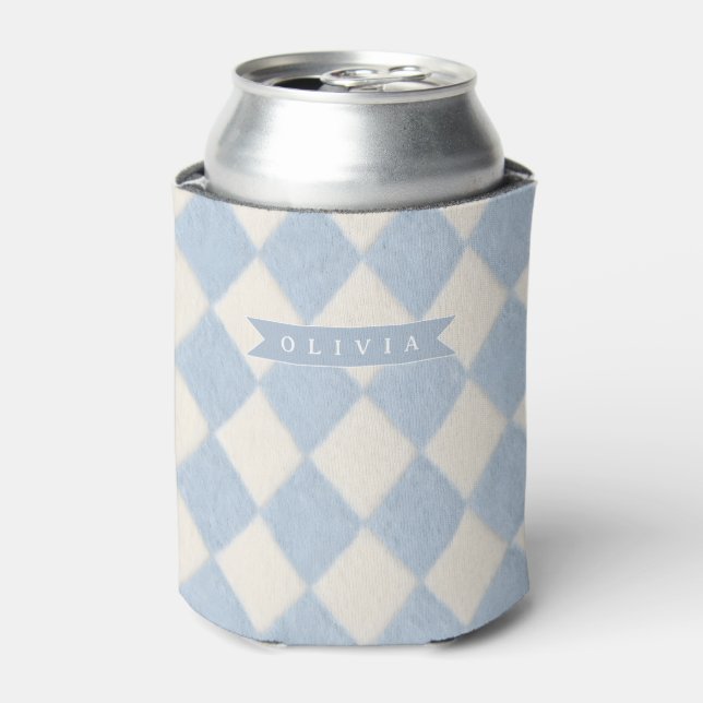Personalized Preppy Soft Blue Fuzzy Argyle Name Can Cooler (Can Front)