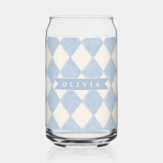 Personalized Preppy Soft Blue Fuzzy Argyle Name Can Glass (Front)