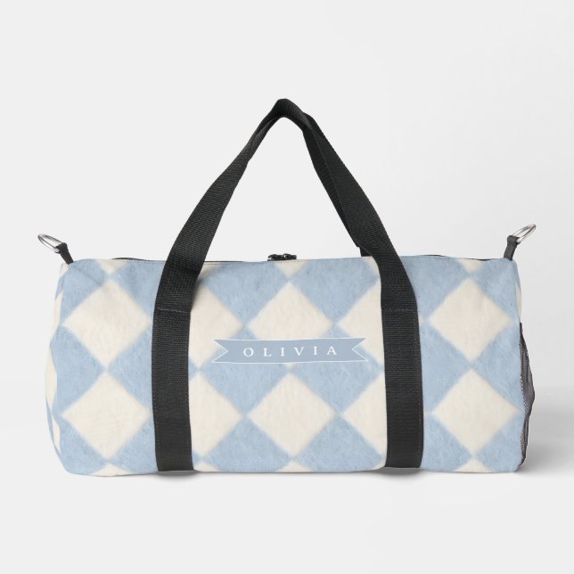 Personalized Preppy Soft Blue Fuzzy Argyle Name Duffle Bag (Front)
