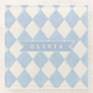 Personalized Preppy Soft Blue Fuzzy Argyle Name Glass Coaster