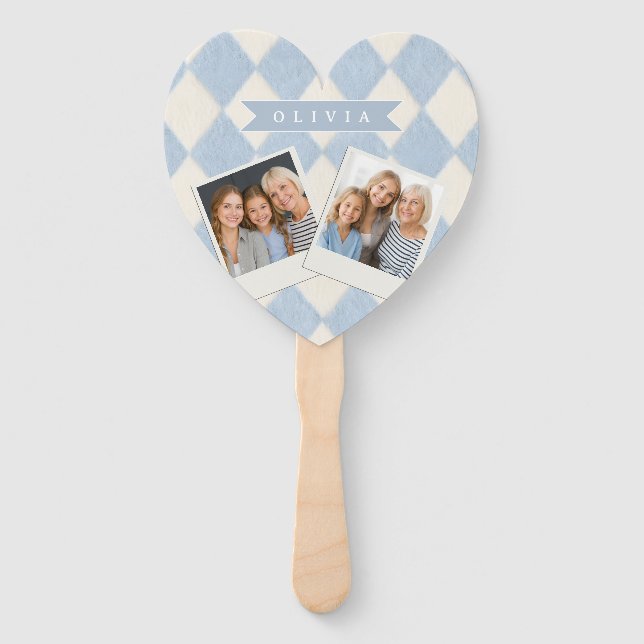 Personalized Preppy Soft Blue Fuzzy Argyle Name Hand Fan (Front)