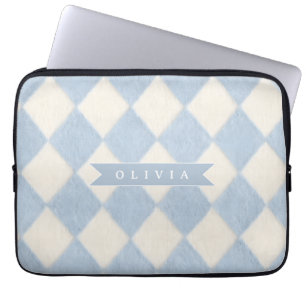 Personalized Preppy Soft Blue Fuzzy Argyle Name Laptop Sleeve