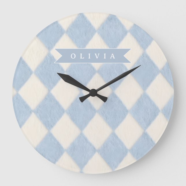 Personalized Preppy Soft Blue Fuzzy Argyle Name Large Clock (Front)