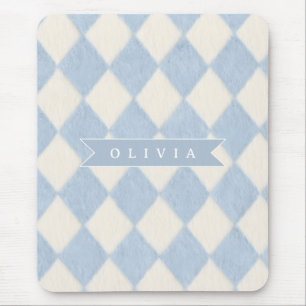 Personalized Preppy Soft Blue Fuzzy Argyle Name Mouse Mat