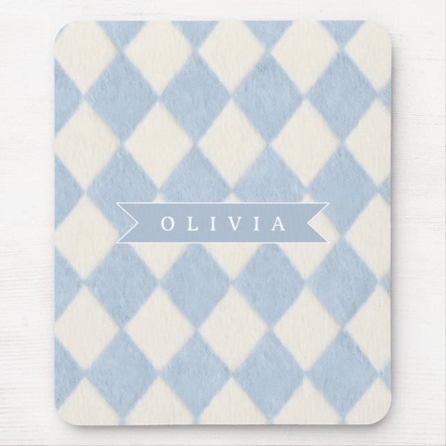 Personalized Preppy Soft Blue Fuzzy Argyle Name Mouse Mat (Front)