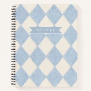 Personalized Preppy Soft Blue Fuzzy Argyle Name Notebook